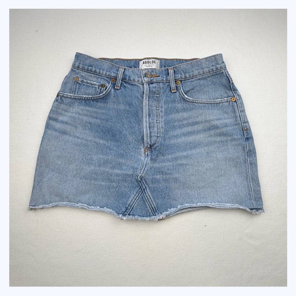 AGOLDE Denim Mini Skirt Womens 28 Light Blue Raw Hem High Rise